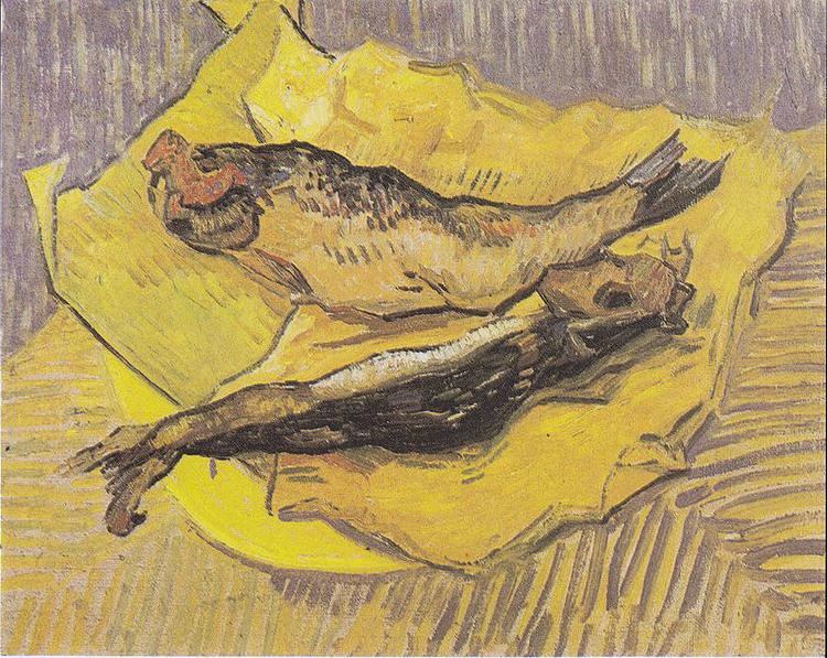  Still Life with smoked herrings on yellow paper